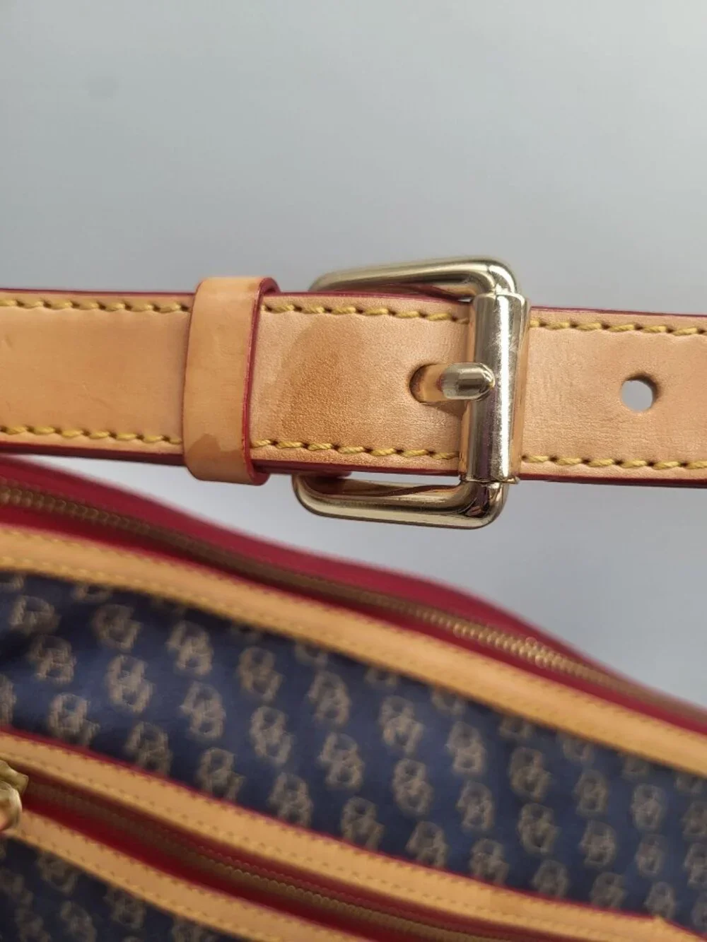 Dooney & Bourke Blue Denim Logo Brocade Shoulder Bag Brown Leather Red Interior - Picture 7 of 13